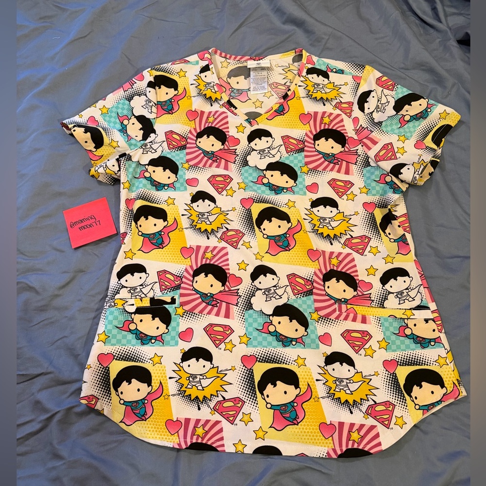 DC Superman Cartoon Print Scrub Top - Pink, Yellow, Turquoise, Black, White